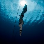 Freediving sport. Monofin. Freefalling
